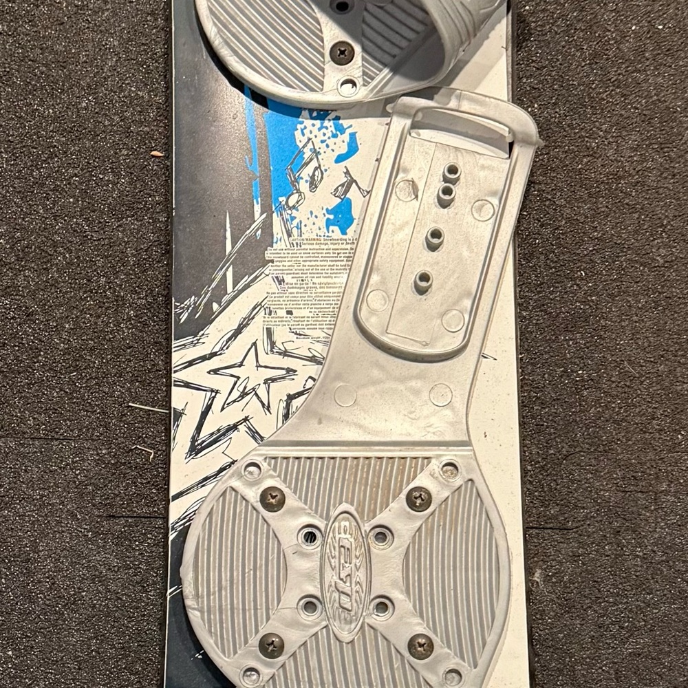 Gray and Blue Snowboard with Bindings